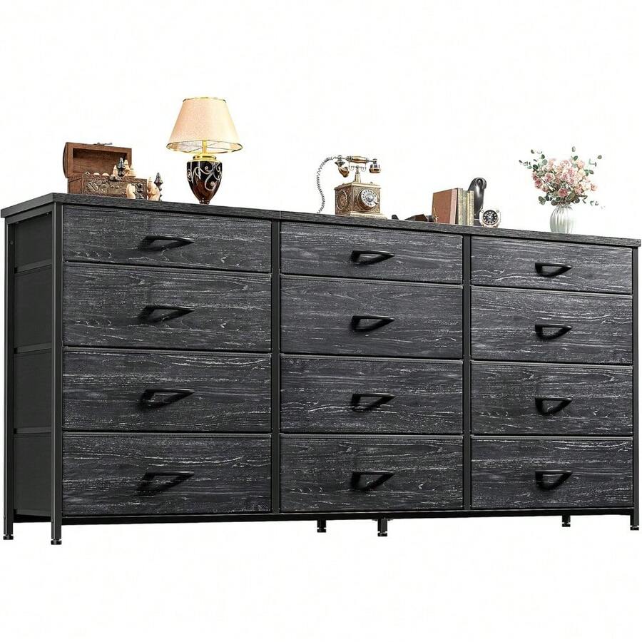 55" Long Dresser For Bedroom With 12 Fabric Drawers, Entertainment Center For 60 Inch TV Dressers & Chests Of Drawers Large Organizer, Living Room, Metal Frame, Wood Top, Black - 黑色 - 查看 1