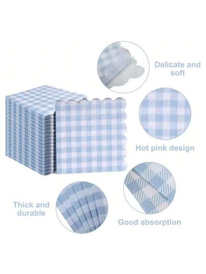 25 piezas/Set, 50 piezas/Set, 75 piezas/Set Servilletas de papel suaves de 2 capas con estampado de cuadros azul pastel ondulado, tamaño desplegado 32cm*32cm, adecuadas para: decoración de bodas, fiestas de té, fiestas de cumpleaños, decoraciones de fiestas, suministros de fiestas, decoraciones navideñas, suministros navideños