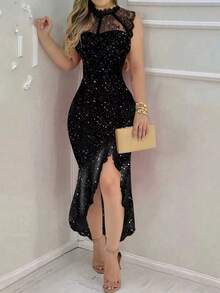 Rochie lungă de petrecere, fără mâneci, din dantelă, cu model patchwork, sexy, culoare solidă, cu crăpături înalte, elegantă, cu volane, cu sclipici, pentru femei, cadou de Ziua Îndrăgostiților - Negru - Vizualizare 3