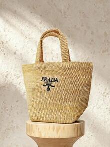 Prada Túi Tote Khaki Raffia - Túi xách đan rơm dung tích lớn, phong cách đồng quê nước Pháp - Màu Khaki - Xem 2