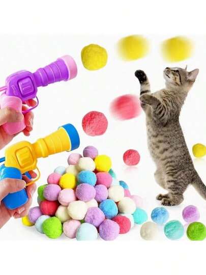 Interaktiv kattleksak med launcher, innehåller 1 launcher och 100/50/30/20/10 plyschbollar, lämplig för innekatter. Denna innekattleksak är designad för aktiv lek, med engagerande sporttema. Det är en sportinriktad kattleksak som främjar kärlek och förtroende mellan ägare och katter. Färgen är slumpmässig.