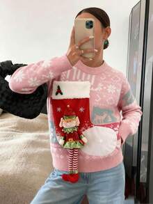 Suéter tejido con temática navideña para mujer, estilo festivo de otoño e invierno - Esquema de colores rojo y blanco, con patrones de renos y árboles de Navidad, cuello redondo con corte holgado, esencial para fiestas navideñas - Rosa - Ver 2