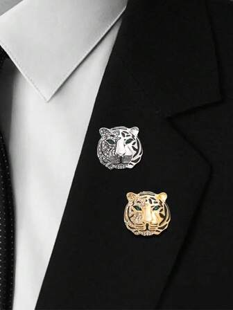 1pc High-End Rhinestone Tiger Brooch Lapel Pin, Retro Men's Tie Pin, Clothing Accessory For Suits, Alloy Brooch For Suits