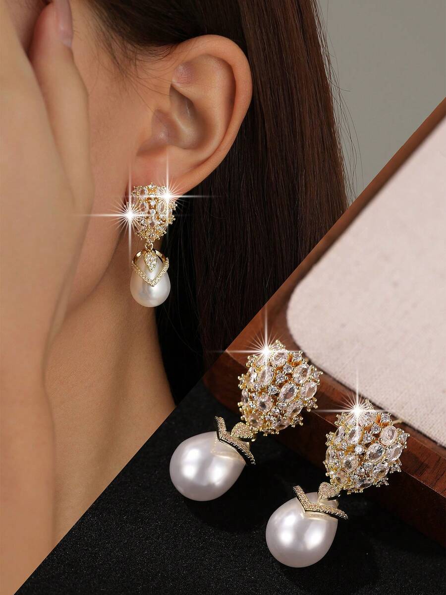 1 Đôi bông tai mặt dây chuyền ngọc trai giả thanh lịch, đính đá Cubic Zirconia, mạ vàng đồng, thích hợp làm quà tặng đính hôn, cưới và kỷ niệm.