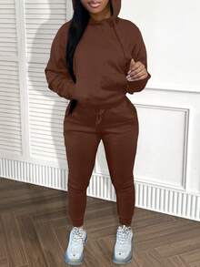 LovelyWholesale Bộ áo và quần dài tay có mũ, túi, kiểu dáng đơn giản, thường ngày dành cho nữ, thích hợp mặc mùa xuân. - Cà phê nâu - Xem 2