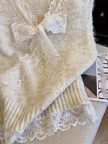 女士马海毛蕾丝无袖上衣 | 浪漫蝴蝶结镂空针织衫 | 优雅叠穿单品，适合休闲和约会穿着 - 暖杏色 - 查看 3