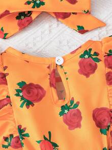 Baby Floral Rose Print Dress With Headband Set - Orange - View 10