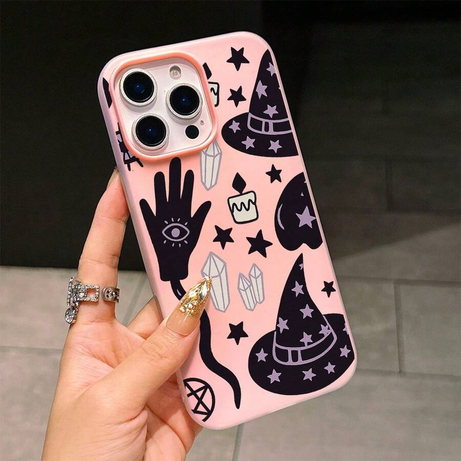 Witchcraft Phone Case,Occult Style,For Compatible With Iphone17/17pro/17promax/17Air/Iphone16/16pro/16plus/16promax/15/15promax/15pro/11/12/13/14promax/12mini/13mini/11pro/11promax/12pro/12promax/13pro/13promax/14pro/14promax,Crystals,Stars,Candle,Occult Symbols Gift,Magic Art Design Present For Family,Spiritual Elements Gift - Màu Hồng baby - Xem 1