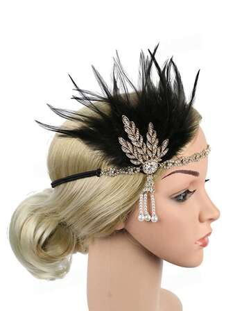 1pc Vintage Exaggerated Feather Headband, 1920s Pearl Headpiece Hair Accessory For Halloween, Party, Wedding