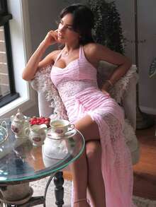 Vestido de encaje elegante y sexy con corbata al cuello, vestido de fiesta, vestido de novia de encaje - Rosa - Ver 2