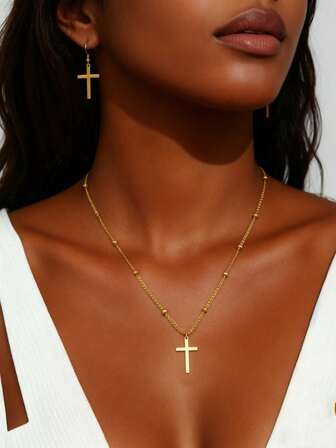 3pcs/Set Stainless Steel 18K Gold Plated Cross Pendant Earrings & Necklace Set, Versatile & Elegant, Suitable For Daily Wear, Festivals, Weddings, Engagements