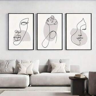 3 Parça Şık Bej ve Gri Soyut Yüz Çizgisi Tuval Sanat Baskı Seti - Oturma Odası, Yatak Odası ve Yemek Alanı İçin Çerçevesiz Duvar Dekoru - Mükemmel Hediye Fikri, Tuval Duvar Sanatı