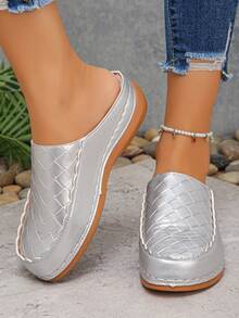 大码女鞋（35-45码）夏季新款休闲时尚凉鞋，个性化欧美风银色菱形PU拖鞋，日常户外露趾沙滩坡跟凉鞋 - 銀色菱格PU - 查看 6