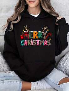 Christmas Hoodie Gray Merry Christmas Reindeer Antlers Plaid Candy Cane Ornament Print Women's Casual Holiday Sweatshirt Winter Outfit - 黑色 - 查看 6