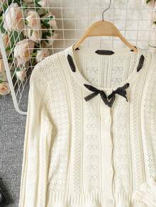 Autumn/Winter New Sweet Frill Trim Bow Crew Neck Cropped Knit Top - Apricot - View 6
