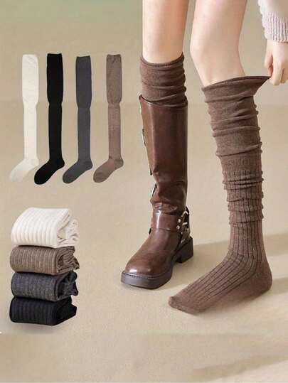 4 Pairs Women Over-The-Knee Socks, Maternity High Stockings, Non-Slip Comfortable Thigh-High Socks, Thick Warm Ribbed Long Socks, Soft Stretchy Breathable Winter Tall Socks, Cozy Boot Socks, Multi-Color Set, Suitable For Girls & Ladies - Autumn/Winter Outdoor, School, Work, Casual, Home Wear
