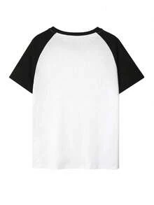 女士插肩撞色圆领休闲日文字母和狗狗印花短袖T恤，春夏款 - 黑與白 - 查看 4