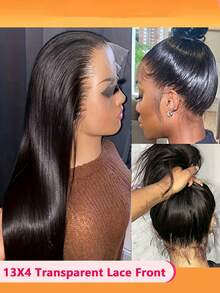 13x4 Transparent Lace Front Wig, 100% Human Hair, Pre-Plucked, 150% Density, Virgin Hair - Black - View 2