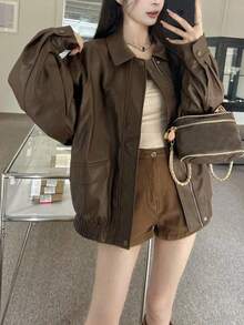 Chaqueta para mujer Chaqueta retro de cuero marrón para mujer - Estilo corto para primavera/otoño Chaqueta de cuero holgada estilo coreano para mujeres bajitas Chaqueta motera elegante con cremallera, cuello vuelto, botones y bolsillos Chaqueta de cuero informal y desenfadada de corte holgado - Marrón - Ver 9