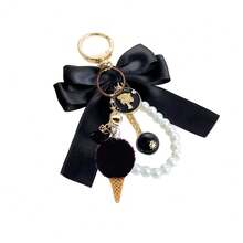 Plush Ice Cream Pendant Cute Kawaii Soft-Look Charm With Adorable Bowknot Accent On Pearl String Necklace Style Key Hook Accessory For Girlfriend Gift, Romantic Birthday Anniversary Valentine's Day Present, Everyday Casual Bag Zipper Charm, Party Cute Outfit Accessory, Holiday Stocking Stuffer, Girly Charming Collectible For Teen Women Friends - Multicolor - View 4