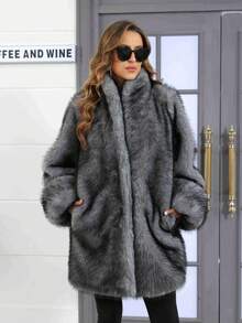 Plus Size Faux Fur Animal Print Fashionable Jacket, Everyday Wear, Autumn/Winter - Grey - View 8