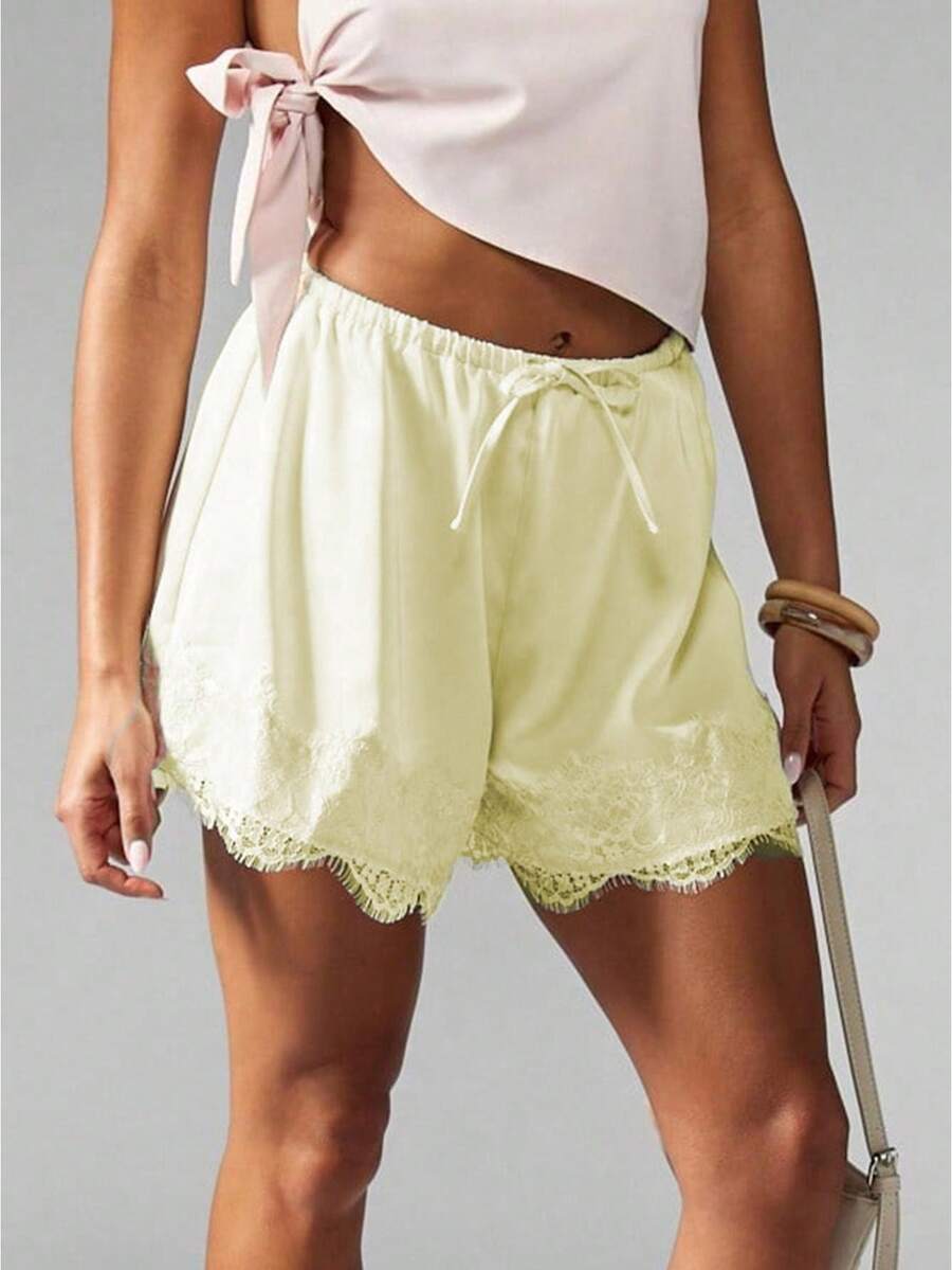 Women Drawstring Shorts Casual Loose Fit Stylish Solid Lace Trim Mid Rise Shorts - Light Yellow - View 1