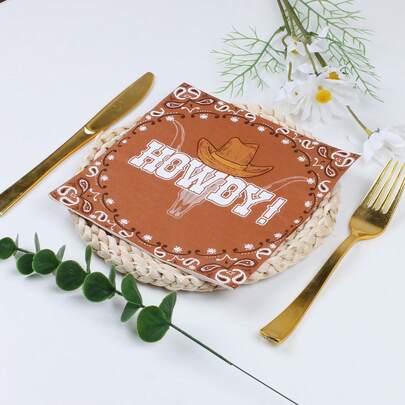 20张/40张/60张/套 柔软方形西部牛仔风格餐巾，双层，展开尺寸33厘米*33厘米，适用于：婚礼、下午茶、生日派对装饰、派对装饰、派对用品、节日装饰、节日用品