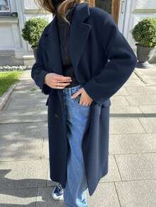 女式长袖纯色口袋羊毛风衣，双排扣羊毛大衣，田园风格女装，女装秋装，女装冬装，万圣节服装，圣诞女装，沙特国庆节，女士外出上衣，绿色上衣，紫色上衣，格子上衣，婚礼上衣，白色民用婚纱，优雅女式衬衫 - 藏蓝色 - 查看 7