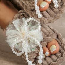 女士蝴蝶结平底拖鞋，棕色，优雅布艺串珠时尚休闲室内鞋，秋冬季 - 棕色 - 查看 6