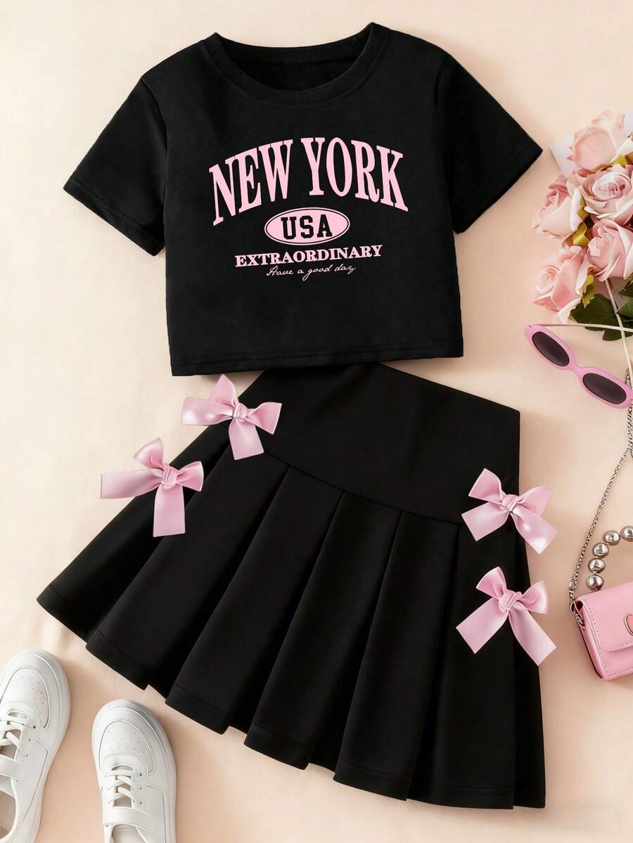 Young Girl Letter Print Round Neck Short Sleeve Top And Skirt Set - Black - View 1