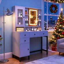 Dressing Table Set W/LED Mirror And 5 Drawers, 14 Shelves, Vanity Make Up Desk - White - View 8