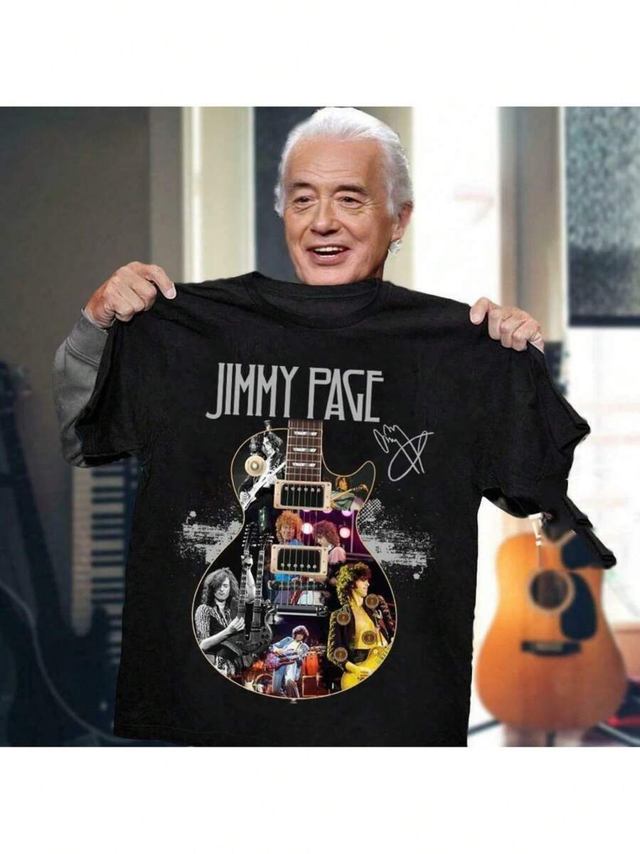 Jimmy Page Retro T-Shirt - Classic Black Band Tee With Guitar Graphic, Soft & Comfortable Fabric, Round Neck, Perfect For Casual Wear Or Gift, Collectible Music Memorabilia, Music Fan Apparel| Retro Band Design| Comfortable Fit, Band T Shirt - màu đen - Xem 1