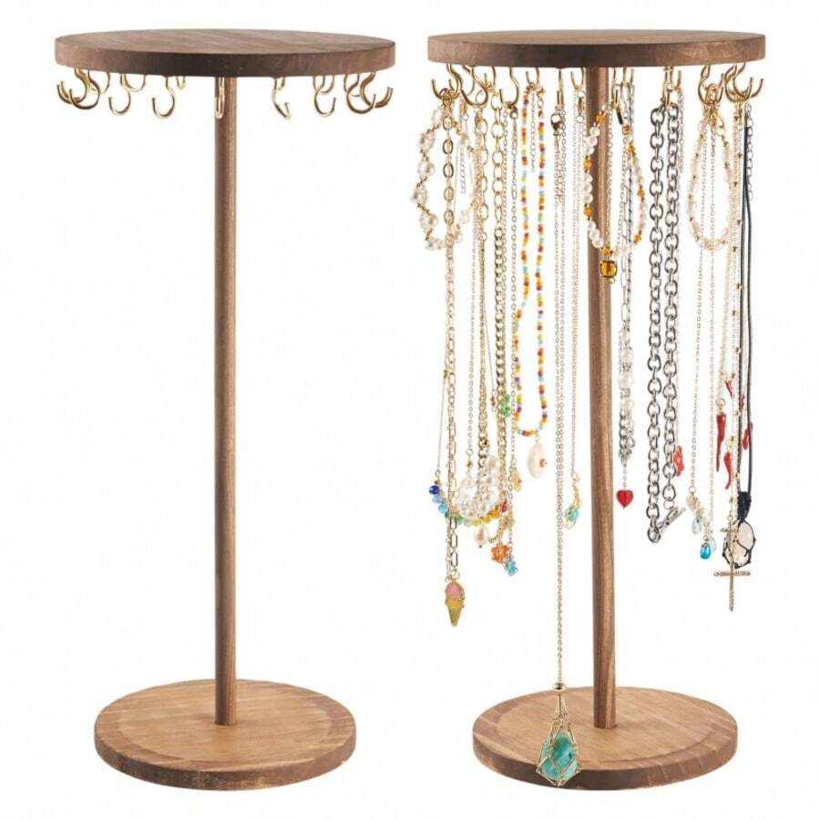 12/18 Golden Hooks Wooden Jewelry Organizer Rack, Circular Base Necklace Display Stand, Suitable For Various Exhibitions - Multicolor - View 1