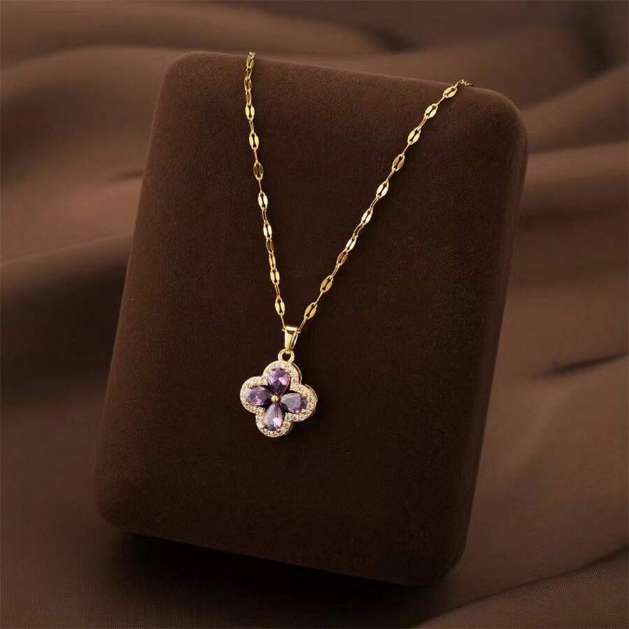 New Violet Four-Leaf Clover Necklace Fashion Versatile Collarbone Chain For Women Light Luxury Design High-End Feel Valentine's Day Necklace - 四葉草紫羅蘭單吊墜 - 查看 1