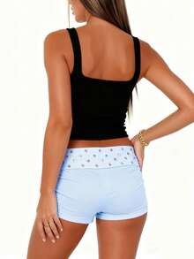 Studded Foldover Shorts For Women Rivet Low Rise Mini Lounge Sleep Pj Micro Shorts Comfy Fold Over Shorts Bottoms - Blue - View 4