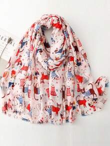 1pc Women's Fashionable Vintage Cat & Dog Pet Print Soft Linen Scarf, Autumn/Winter Bohemian Style Casual Shawl, Suitable For Daily Wear,Beach,Holiday - Beige - View 3