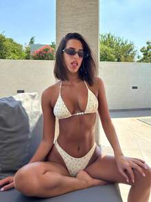 Women's Fashion Fresh Floral Halter Bikini Set With Pearl Embellishments For Vacation Beach Summer Spring 2026,Birthday Outfits For Women,Gym Wear Women,Elegant Dress Women,Elegant Dress Women,Vacation Outfits Women,Going Out Top - Multicolor - View 1