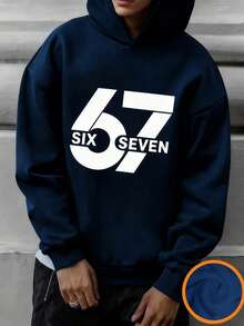 Tween Boy "67" Numeral & Letter Graphic Print Fleece Lined Pullover Sweatshirt Sweatshirt, Warm & Comfortable For Autumn/Winter