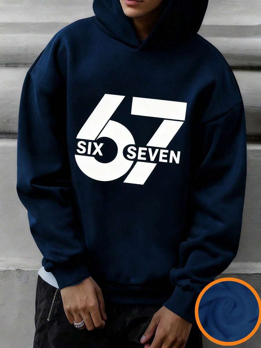 Tween Boy "67" Numeral & Letter Graphic Print Fleece Lined Pullover Sweatshirt Sweatshirt, Warm & Comfortable For Autumn/Winter