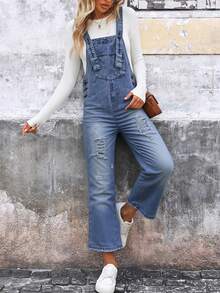 Recasual Women's Shoulder Strap Jeans, Solid Color Denim Pants, Mid Waist Slightly Elastic, Slim Fit And Slimming, Suitable For All Seasons, Paired With Distressed Craftsmanship, Fashionable And Youthful, Suitable For Back To School Season, Retro, Rebellious Girls, Sweet Girls, Street, Work, Travel, Daily Leisure, Datingclothing, Comfortable Women's Autumn And Winter Clothingchristmas Outfit Women, Y2k Clothes, Tall Birthday Outfits For Women Going Out - 深藍 - 查看 5