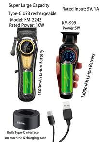 Kemei Professional Hair Clipper KM-2242 USB Rechargeable High Power Hair Clipper KM-999 Electric Hair Clipper 0mm Precision Trimmer Hair Clipper + Trimmer Set Men's New Year Hair Clipper - Black - View 4