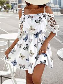 Women's Butterfly Print Lace Sleeve Off-Shoulder Dress - Lightweight Summer Casual Knee-Length Asymmetric Hem H-Line Beach Picnic Outfit - White - View 2