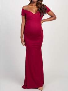 Maternity V-Neck Solid Knit Formal Dress, Suitable For Evening Party, Wedding, Photo Shoot, Spring/Summer - Red - View 1