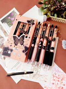 6pcs High-Quality Metal Ballpoint Pens, 0.5mm Black Ink, Black Cream Butterfly Design, Great As New Year Gift