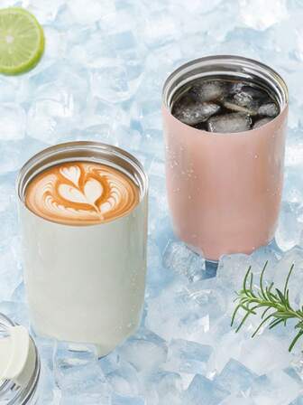 1 pieza Taza de vacío de acero inoxidable de doble pared, taza de café portátil de unicolor simple, a prueba de fugas y antideslizante para viajes, botella de boca pequeña creativa, adecuada para leche, café, té, jugo, bebidas, helado, oficina, viajes, regalos para amigos y familiares