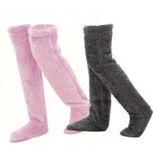 两双毛绒过膝袜，男女通用，保暖柔软，秋冬季大腿袜