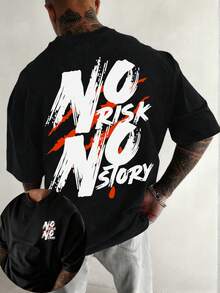 男士休闲百搭简约美式街头标语“NO RISK NO STORY”印花短袖T恤 - 黑色 - 查看 1