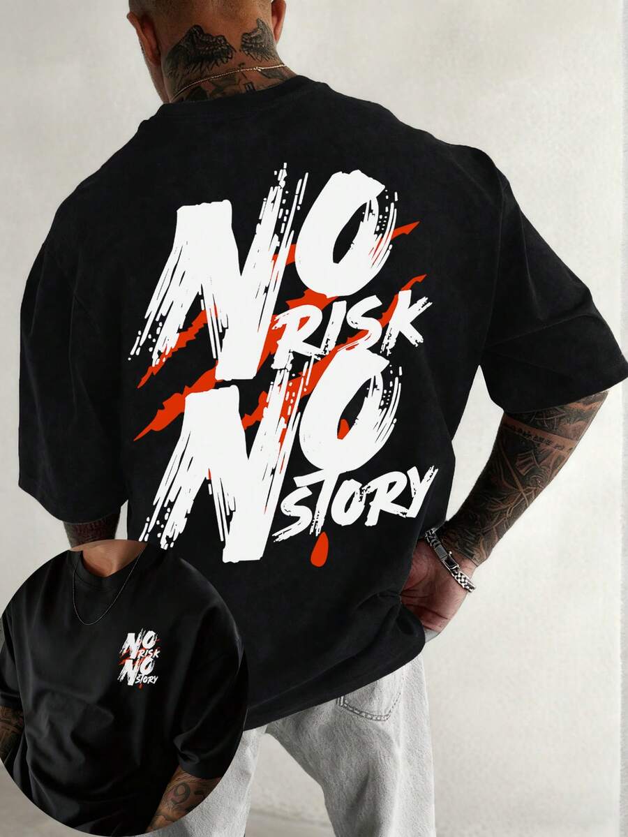 男士休闲百搭简约美式街头标语“NO RISK NO STORY”印花短袖T恤 - 黑色 - 查看 1