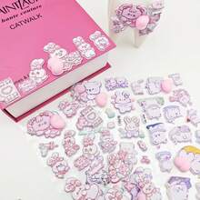 1pc/Soft And Squishy, Just Want To Squeeze! Pink-Purple 3D Flocking Stickers: Bunnies Hugging Hearts, Little Bears Lying On The Moon, Each One A Cute, Healing Item That Seems To Release Pink Bubbles, A Delightful Treasure To Sprinkle A Girlish Touch Into Your Planner. - Multicolor - View 7