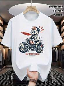 Camiseta gráfica de motocicleta con calavera para hombres - 100% algodón, atrevida "¡No hoy, Satán!" Camiseta estampada, top casual de cuello redondo transpirable para todas las estaciones, regalo de estilo biker genial para novio, atuendo diario, diseño audaz, material suave, camiseta de manga corta, entusiastas de la moda - Negro - Ver 1